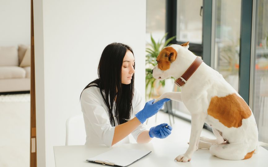 Veterinaria examinando a un perro durante una consulta